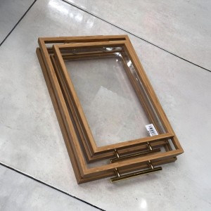 طقم صواني 2 قطعة وجه اكريليك مستطيل شفاف اطار خشب وايدي ذهبي